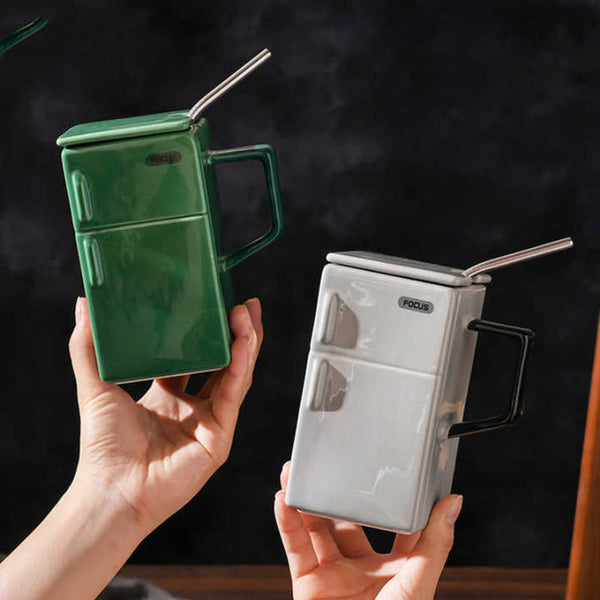 Grey Creative Retro Refrigerator Ceramic Mug With Lid Straw 550Ml Coffee Cup Unique Gift For Couples Or Office Use Mugs
