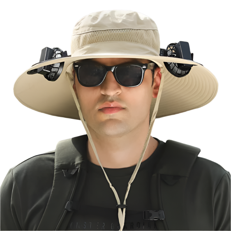 Elosung Khaki Solar Powered Cooling Wide Brim Hat Usb Rechargeable Dual Fan Fisherman Cap Upf50+ Sun Protection And Quick Dry Design For Men Women Hat
