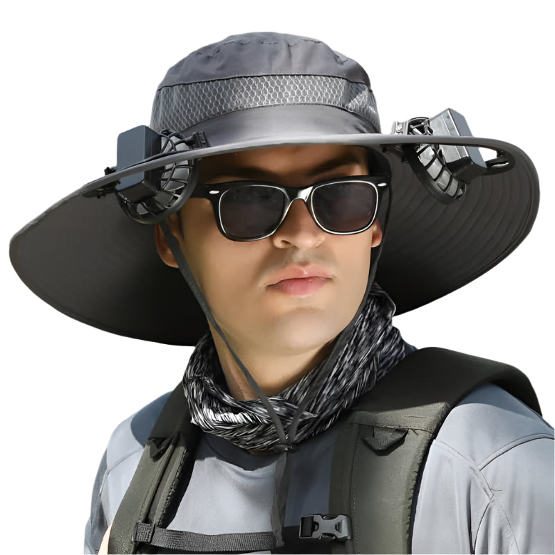 Elosung Dark Grey Solar Powered Cooling Wide Brim Hat Usb Rechargeable Dual Fan Fisherman Cap Upf50+ Sun Protection And Quick Dry Design For Men Women