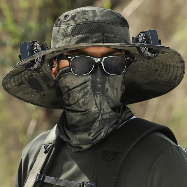 Elosung Dark Green Camouflage Solar Powered Cooling Wide Brim Hat Usb Rechargeable Dual Fan Fisherman Cap Upf50+ Sun Protection And Quick Dry Design F