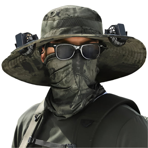 Elosung Dark Green Camouflage Solar Powered Cooling Wide Brim Hat Usb Rechargeable Dual Fan Fisherman Cap Upf50+ Sun Protection And Quick Dry Design F