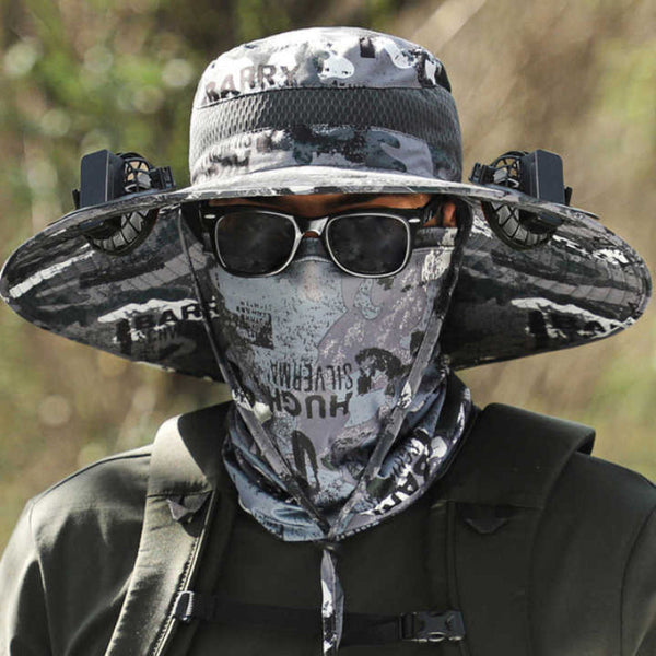 Elosung Brown Camouflage Solar Powered Cooling Wide Brim Hat Usb Rechargeable Dual Fan Fisherman Cap Upf50+ Sun Protection And Quick Dry Design For Me