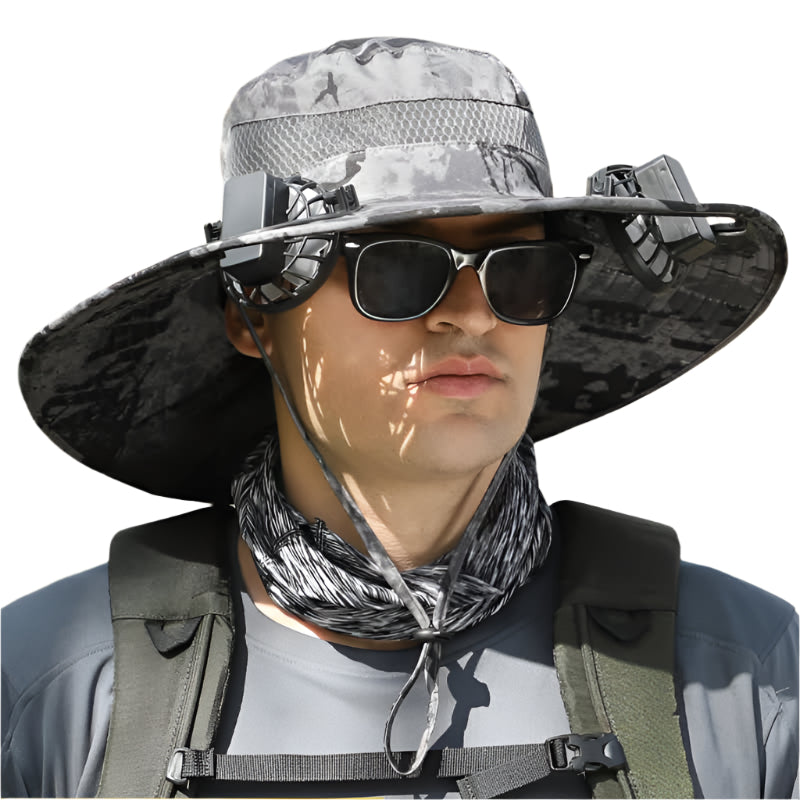 Gray Camouflage Solar Powered Cooling Wide Brim Hat Usb Rechargeable Dual Fan Fisherman Cap Upf50+ Sun Protection Quick Dry Design For Men Women Hats