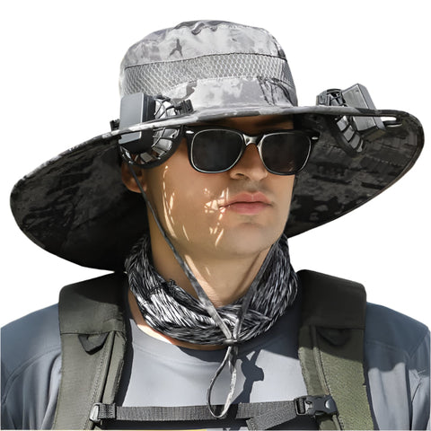 Gray Camouflage Solar Powered Cooling Wide Brim Hat Usb Rechargeable Dual Fan Fisherman Cap Upf50+ Sun Protection Quick Dry Design For Men Women Hats