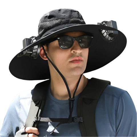 Elosung Black Solar Powered Cooling Wide Brim Hat Usb Rechargeable Dual Fan Fisherman Cap Upf50+ Sun Protection And Quick Dry Design For Men Women Hat