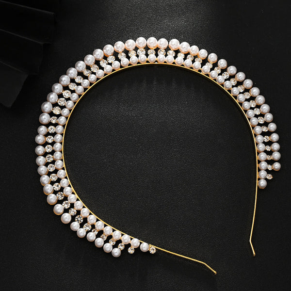 Elosung Gold Elegant Faux Pearl Bridal Headband Multi Layer Princess Tiara For Weddings And Formal Occasions Lightweight Design Headbands