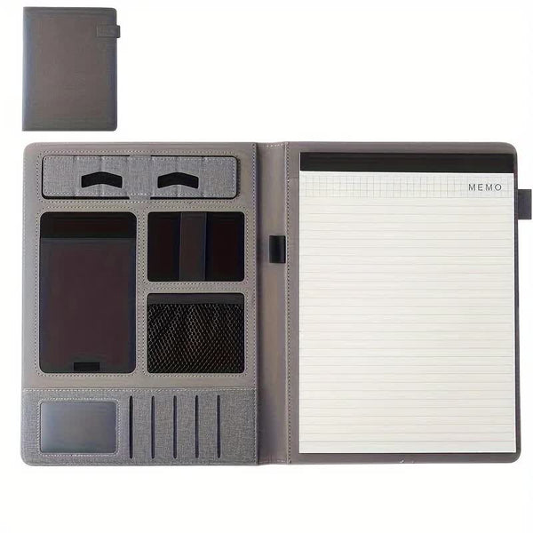 Grey A4 Leather Multi Functional Business Document Folder With Card Slots Contract File Organizer Personal Organisers