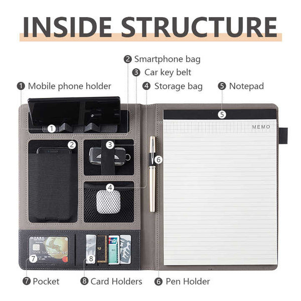 Grey A4 Leather Multi Functional Business Document Folder With Card Slots Contract File Organizer Personal Organisers