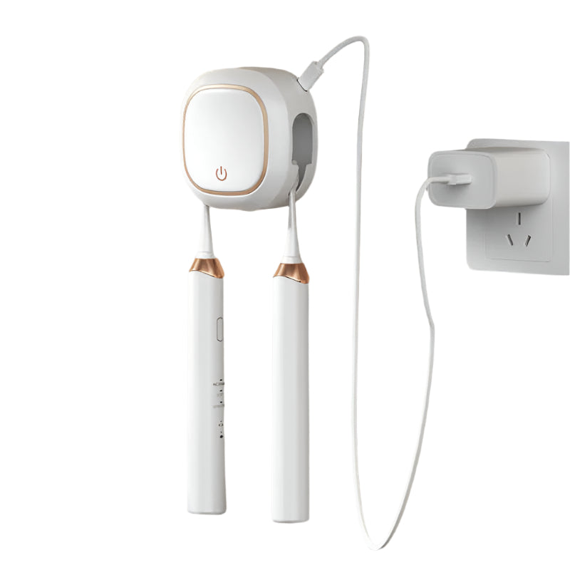 Elosung White Square Uv Toothbrush Sterilizer Holder With Drying Function Dual Slot Wall Mounted Design Usb Rechargeable Compact And Tumblers & Toothb