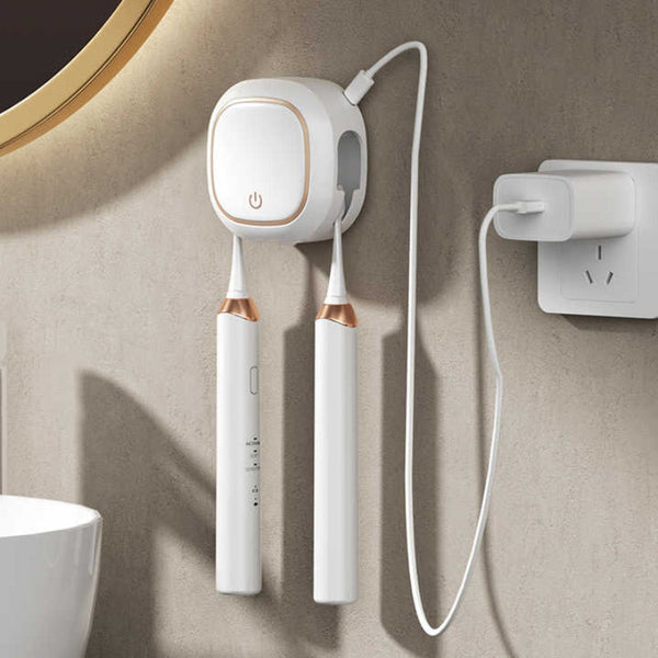 Elosung White Square Uv Toothbrush Sterilizer Holder With Drying Function Dual Slot Wall Mounted Design Usb Rechargeable Compact And Tumblers & Toothb