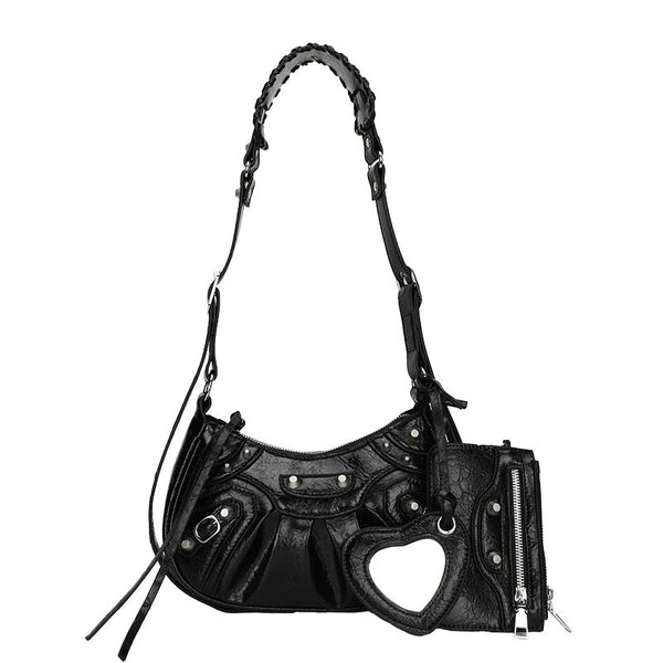 Elosung Black Rivet Crescent Moon Bag With Card Holder & Mirror French Retro Pu Leather Shoulder Crossbody Motorcycle For Women Women's Bags & Handbag