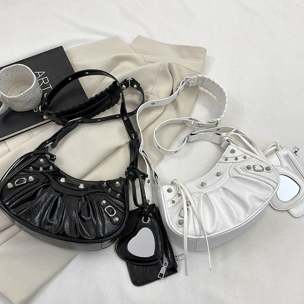 Elosung Black Rivet Crescent Moon Bag With Card Holder & Mirror French Retro Pu Leather Shoulder Crossbody Motorcycle For Women Women's Bags & Handbag