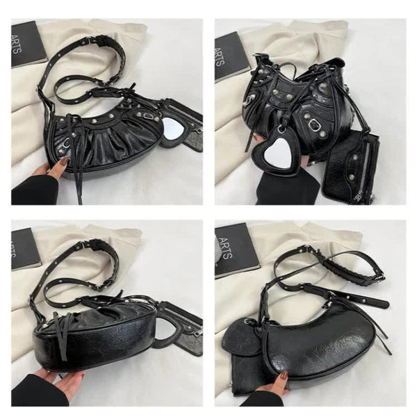 Elosung Black Rivet Crescent Moon Bag With Card Holder & Mirror French Retro Pu Leather Shoulder Crossbody Motorcycle For Women Women's Bags & Handbag