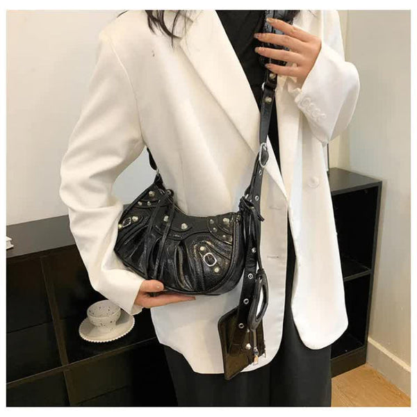 Elosung Black Rivet Crescent Moon Bag With Card Holder & Mirror French Retro Pu Leather Shoulder Crossbody Motorcycle For Women Women's Bags & Handbag