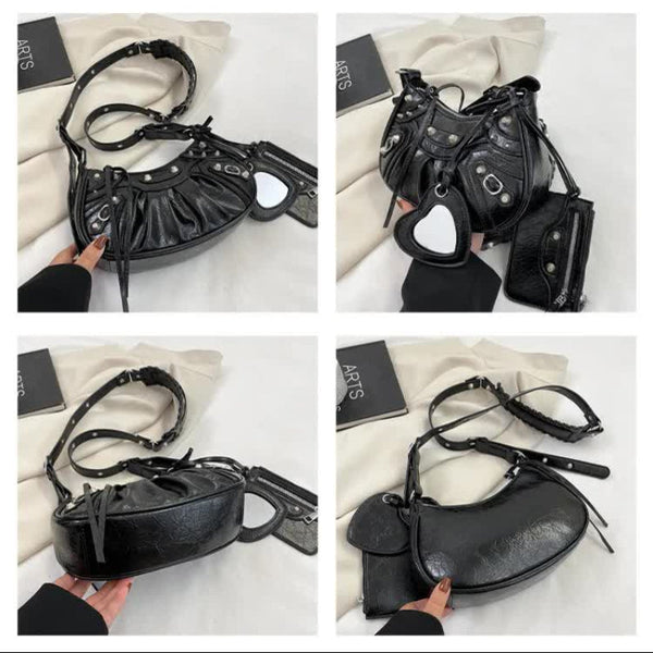 Elosung Blue Rivet Crescent Moon Bag With Card Holder & Mirror French Retro Pu Leather Shoulder Crossbody Motorcycle For Women Women's Bags & Handbags