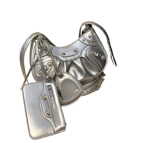 Elosung Silver Rivet Crescent Moon Bag With Card Holder & Mirror French Retro Pu Leather Shoulder Crossbody Motorcycle For Women Women's Bags & Handba