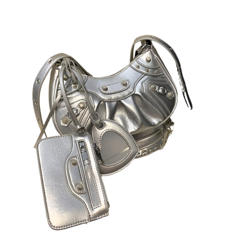 Elosung Silver Rivet Crescent Moon Bag With Card Holder & Mirror French Retro Pu Leather Shoulder Crossbody Motorcycle For Women Women's Bags & Handba