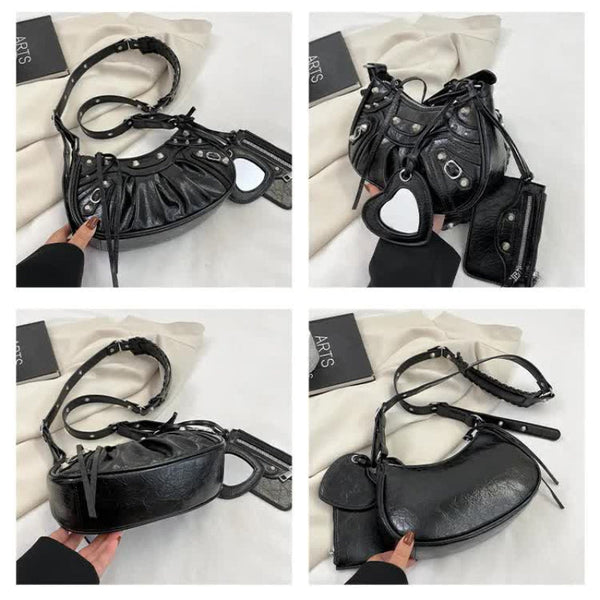 Elosung Silver Rivet Crescent Moon Bag With Card Holder & Mirror French Retro Pu Leather Shoulder Crossbody Motorcycle For Women Women's Bags & Handba