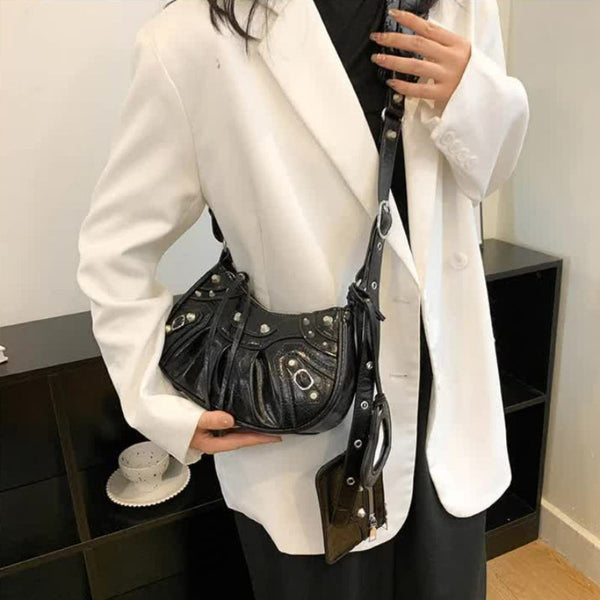 Elosung Silver Rivet Crescent Moon Bag With Card Holder & Mirror French Retro Pu Leather Shoulder Crossbody Motorcycle For Women Women's Bags & Handba
