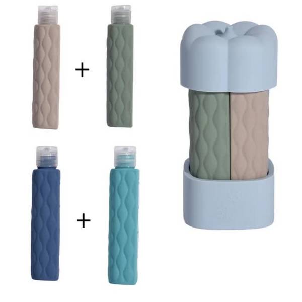 Blue Combination Travel Silicone Reusable Bottles Set 4 In 1 Portable Containers For Shampoo And Shower Gel Tpr+Pe Material Compact Leak Proof Travel