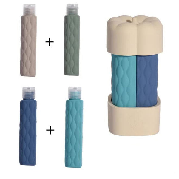 Elosung Off White Combination Travel Silicone Refillable Bottles Set 4 In 1 Portable Containers For Shampoo And Shower Gel Tpr+Pe Material Compact Lea