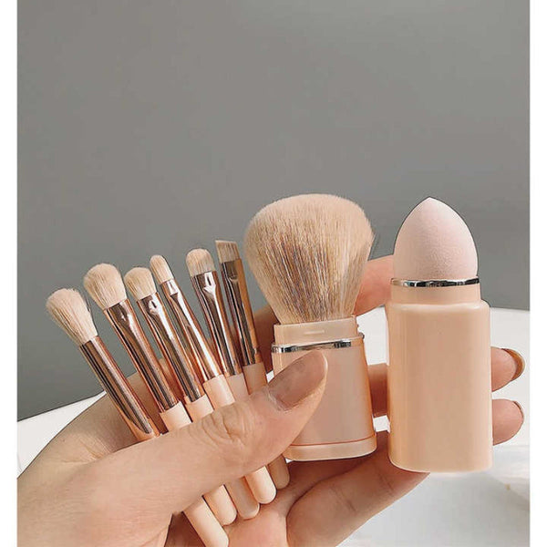 Elosung White 8 In 1 Retractable Mini Makeup Brush Set With Protective Cover Compact Design For Travel And On The Go Touchups Brushes
