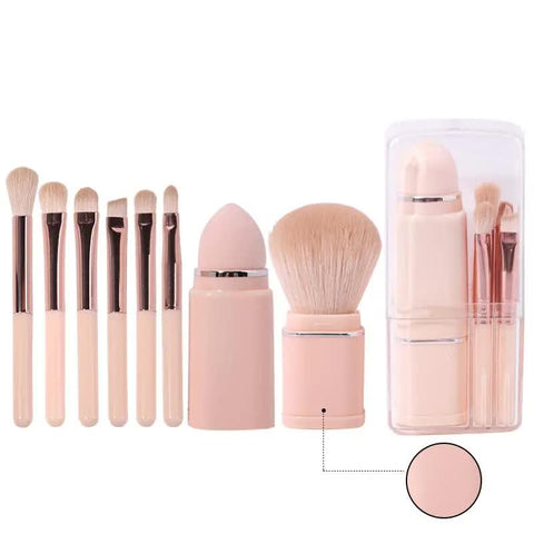 Pink 8 In 1 Retractable Mini Makeup Brush Set With Protective Cover Compact Design For Travel And On The Go Touchups Brushes