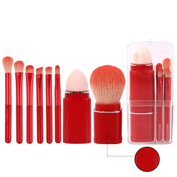 Red 8 In 1 Retractable Mini Makeup Brush Set With Protective Cover Compact Design For Travel And On The Go Touchups Brushes