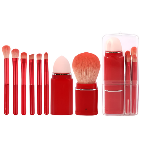 Red 8 In 1 Retractable Mini Makeup Brush Set With Protective Cover Compact Design For Travel And On The Go Touchups Brushes