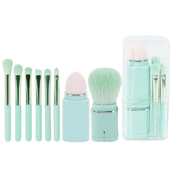 Green 8 In 1 Retractable Mini Makeup Brush Set With Protective Cover Compact Design For Travel And On The Go Touchups Brushes