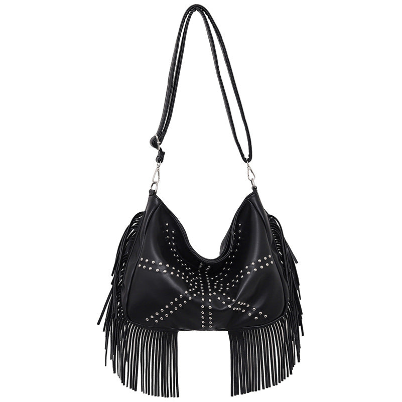 Elosung Black Trendy Rivet Fringe Shoulder Bag Large Capacity Soft Leather Handbag For Women Perfect Travel And Leisure Women's Bags & Handbags