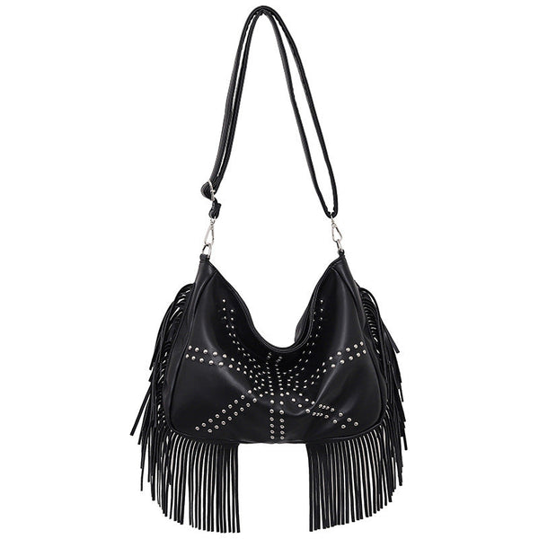 Elosung Black Trendy Rivet Fringe Shoulder Bag Large Capacity Soft Leather Handbag For Women Perfect Travel And Leisure Women's Bags & Handbags