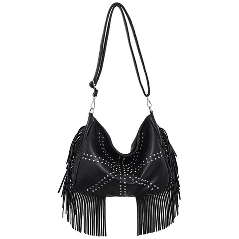 Elosung Black Trendy Rivet Fringe Shoulder Bag Large Capacity Soft Leather Handbag For Women Perfect Travel And Leisure Women's Bags & Handbags