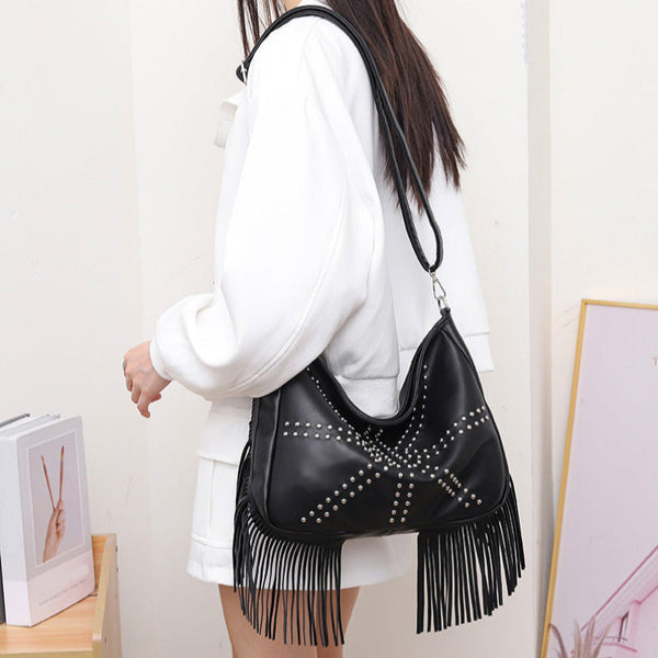Elosung Black Trendy Rivet Fringe Shoulder Bag Large Capacity Soft Leather Handbag For Women Perfect Travel And Leisure Women's Bags & Handbags