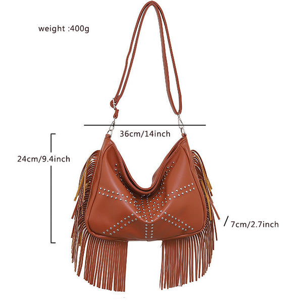 Elosung Brown Trendy Rivet Fringe Shoulder Bag Large Capacity Soft Leather Handbag For Women Perfect Travel And Leisure Women's Bags & Handbags