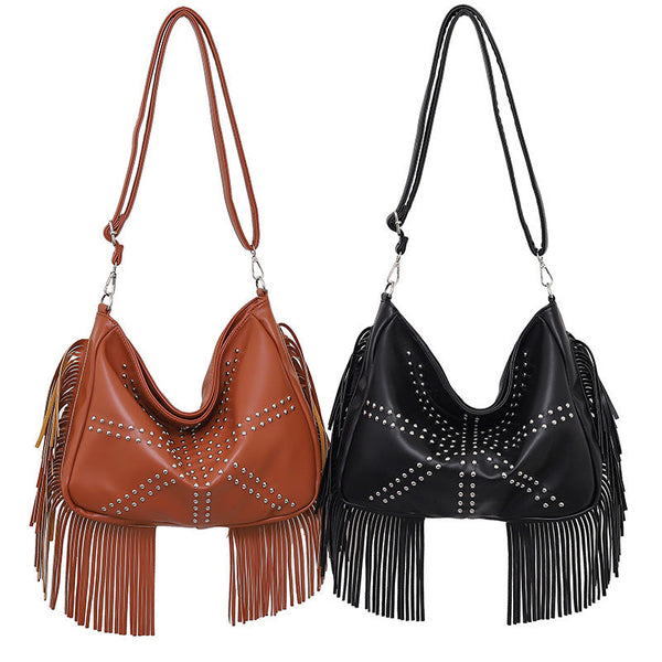 Elosung Brown Trendy Rivet Fringe Shoulder Bag Large Capacity Soft Leather Handbag For Women Perfect Travel And Leisure Women's Bags & Handbags