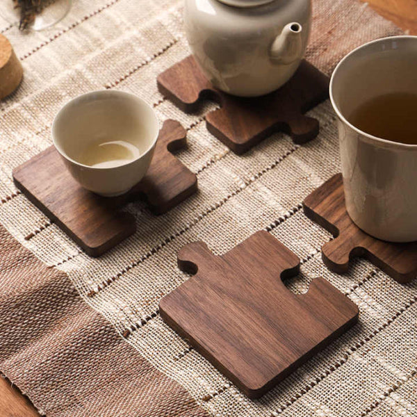 Elosung Light Yellow Natural Black Walnut Wooden Heat Resistant Tea Cup Pads Puzzle Shaped Drink Mats Eco Friendly Accessories Coasters