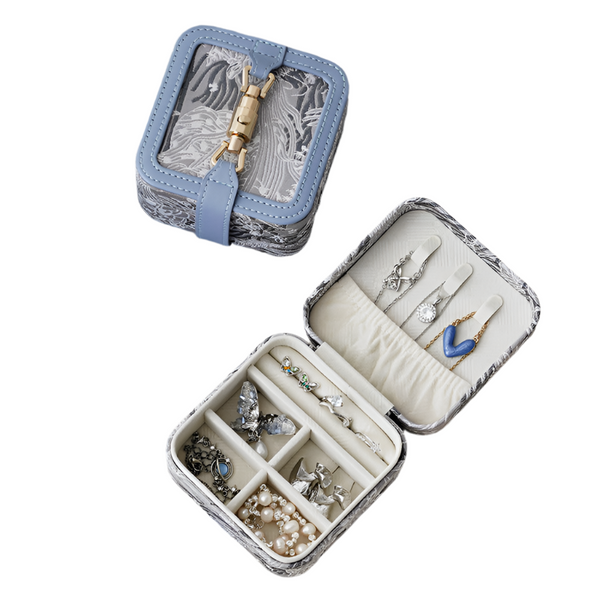 Veile Studios Blue Portable Embossed Jewelry Box Flip Top Necklace Ring And Earring Organizer With Elegant Design(The Is Prop For Photo Shoot Not Incl