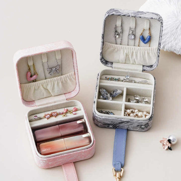 Veile Studios Blue Portable Embossed Jewelry Box Flip Top Necklace Ring And Earring Organizer With Elegant Design(The Is Prop For Photo Shoot Not Incl