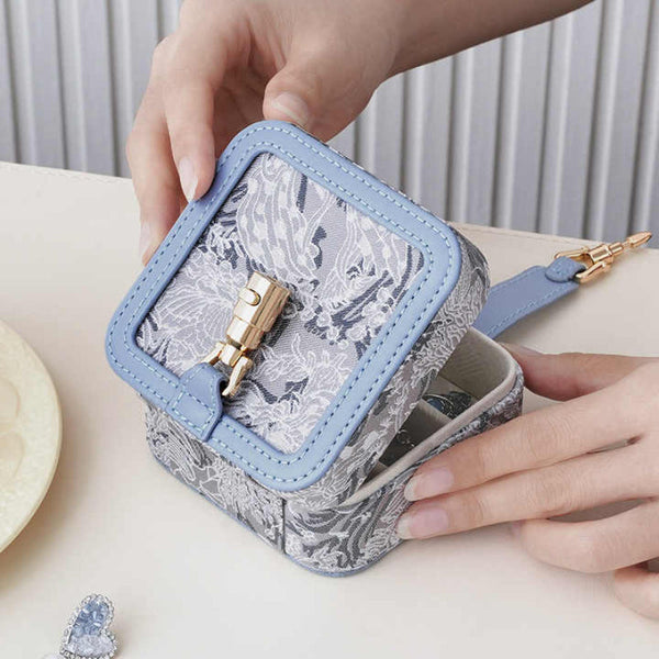 Veile Studios Blue Portable Embossed Jewelry Box Flip Top Necklace Ring And Earring Organizer With Elegant Design(The Is Prop For Photo Shoot Not Incl