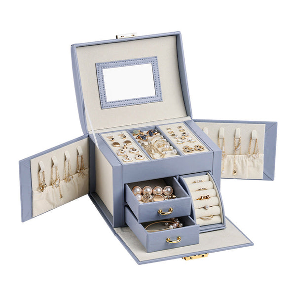 Veile Studios Elosung Light Blue Luxury Pu Leather Jewelry Storage Box 3 Tier Organizer With Mirror For Necklaces Earrings And Rings(Jewelry Is Photo