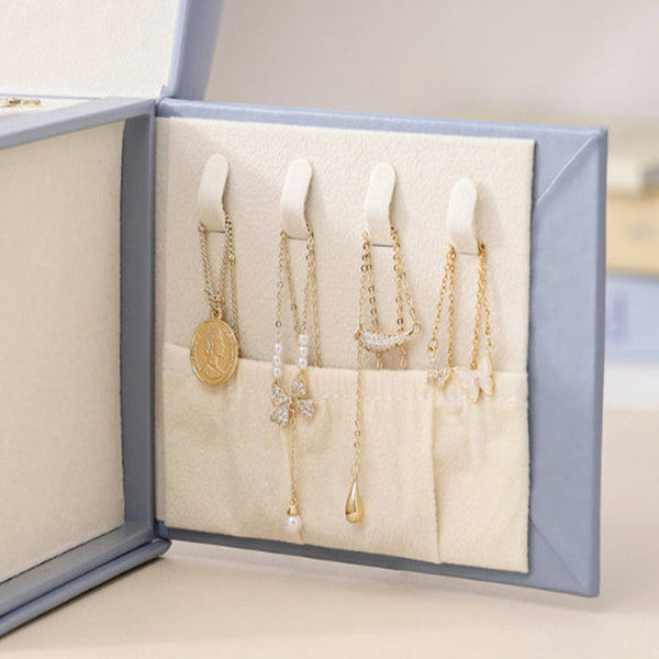 Veile Studios Elosung Light Blue Luxury Pu Leather Jewelry Storage Box 3 Tier Organizer With Mirror For Necklaces Earrings And Rings(Jewelry Is Photo