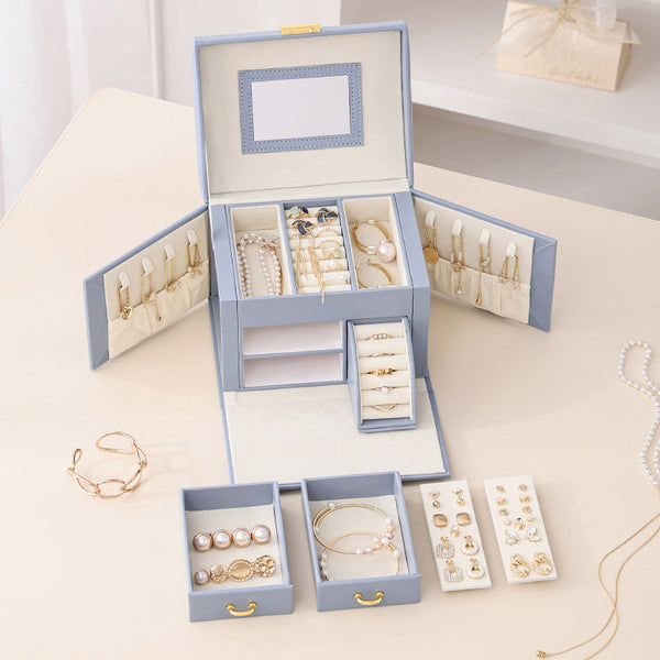 Veile Studios Light Pink Luxury Pu Leather Jewelry Storage Box 3 Tier Organizer With Mirror For Necklaces Earrings And Rings(Jewelry Is Photo Prop Not