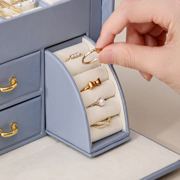 Veile Studios Light Pink Luxury Pu Leather Jewelry Storage Box 3 Tier Organizer With Mirror For Necklaces Earrings And Rings(Jewelry Is Photo Prop Not