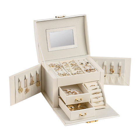 Veile Studios White Pink Luxury Pu Leather Jewelry Storage Box 3 Tier Organizer With Mirror For Necklaces Earrings And Rings(Jewelry Is Photo Prop Not
