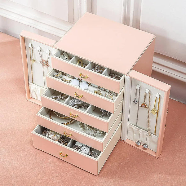 Veile Studios Pink Elegant 5 Layer Large Capacity Jewelry Storage Box With Dual Opening Doors Perfect For Organizing Necklaces Rings Earrings And More