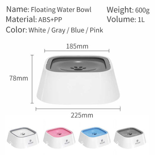 Grey Anti Spill Floating Pet Water Bowl For Dogs Cats 1L Capacity Splash Proof Wet Mouth Design Dog Bowls
