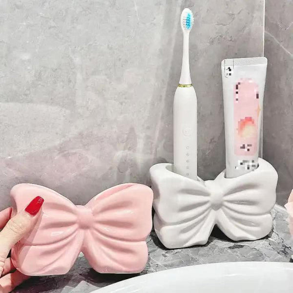 Elosung White Creative Ceramic Bowknot Toothbrush Holder Elegant Bathroom Storage For Electric And Toothpaste Tumblers & Toothbrush Holders