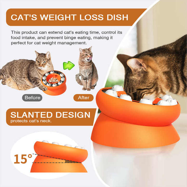 Elosung Orange Interactive Slow Feeder Cat Bowl 15 Tilt Design Puzzle For Healthy Eating Dishes Feeders & Fountains
