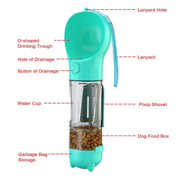 Elosung Blue 500Ml Portable Pet Water Bottle | Multifunctional Travel Feeder Outdoor Dog Drinking With Waste Shovel Dishes Feeders & Fountains